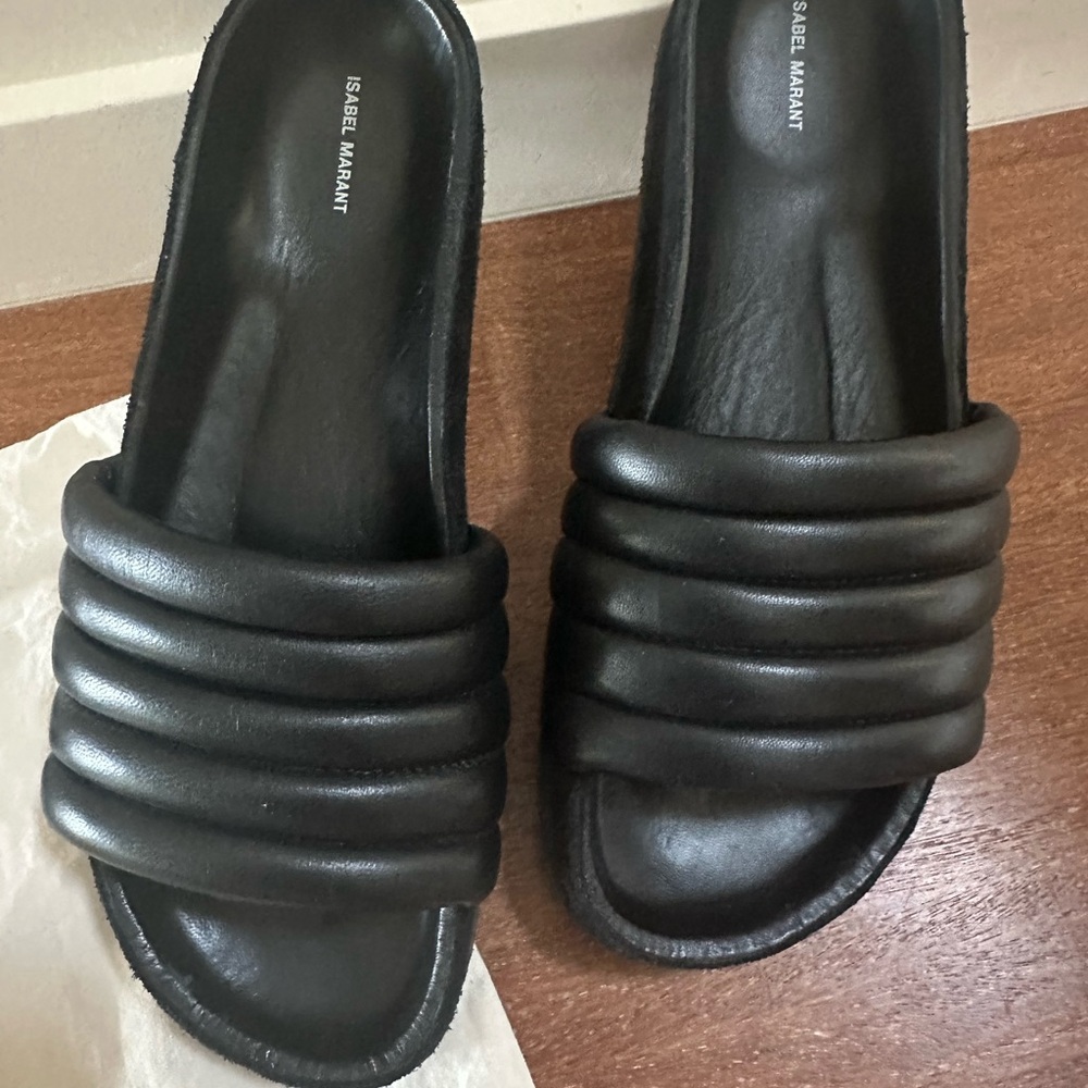 Isabel Marant Quilted Hellea Black Leather Slides - Picture 8 of 9